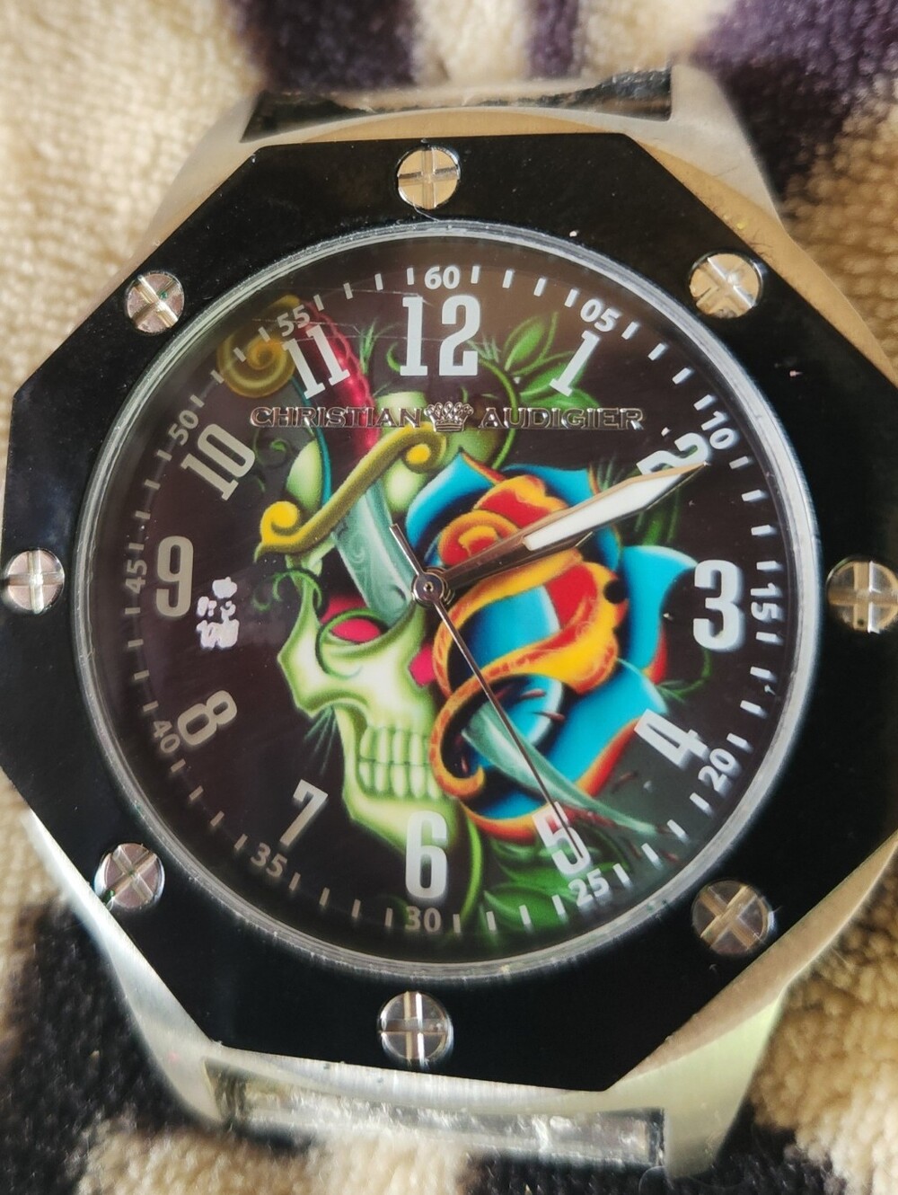 Y2K Christian Audigier Revo Model SWI-663 Quartz Watch TATTOO Skull ROSE NO BAND